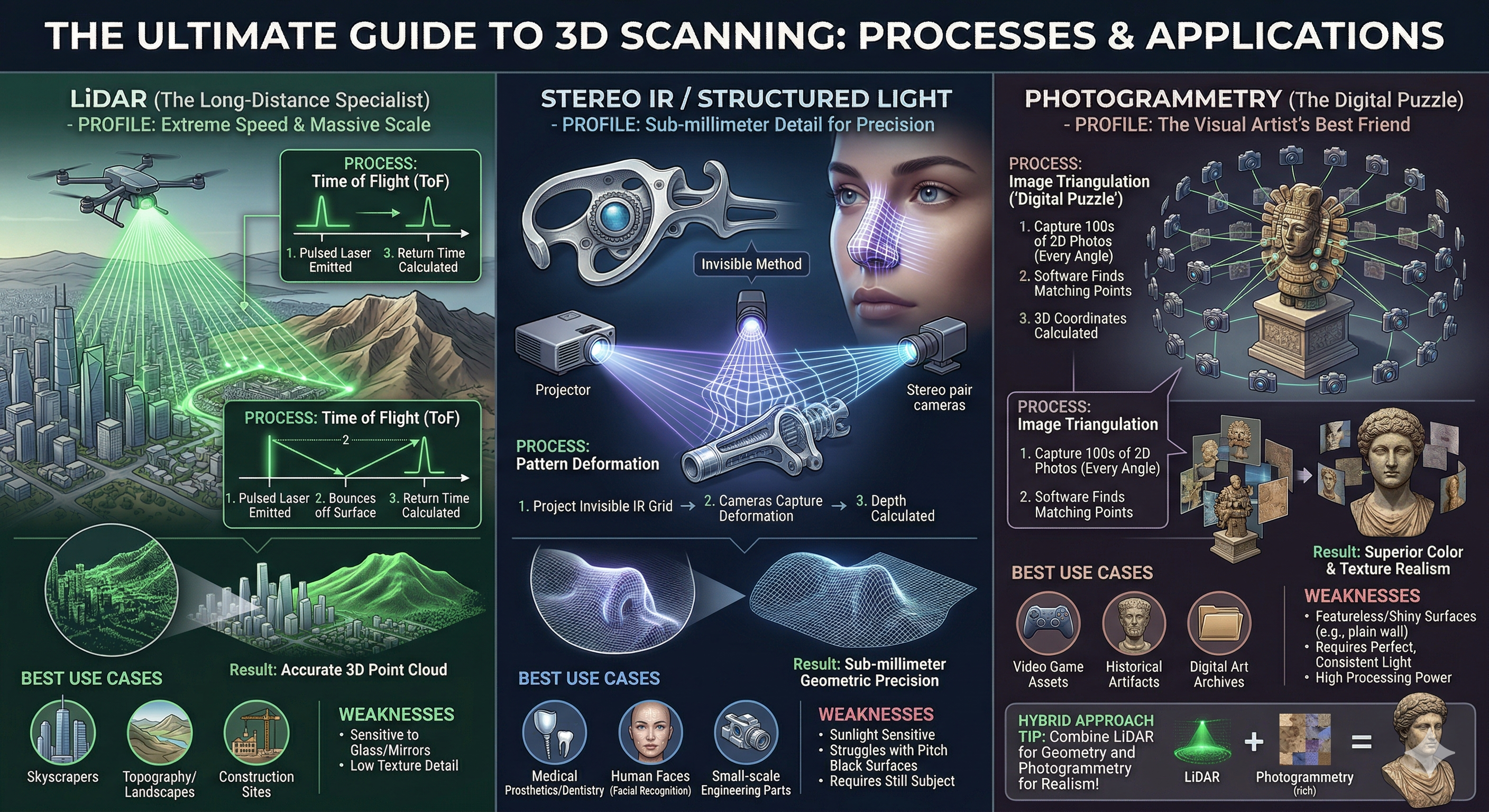 A 3 section guide describing the key features of each scanning method